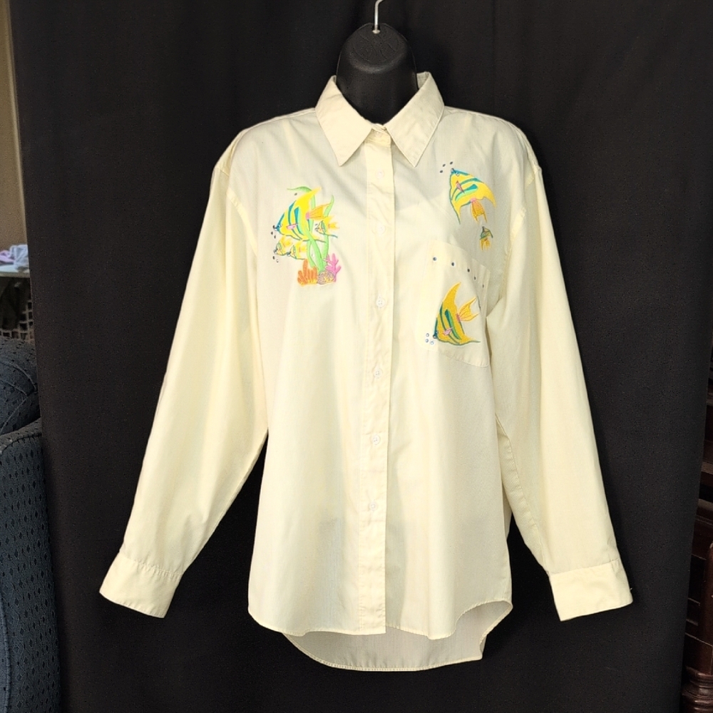 White and Butter Yellow Pinstriped Button-Up Shirt with Fish Embroidery - Picture 4 of 10